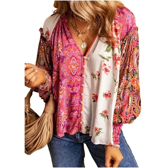 03 Boho Floral Print Button down Cottagecore Blouse - Picture 3 of 4